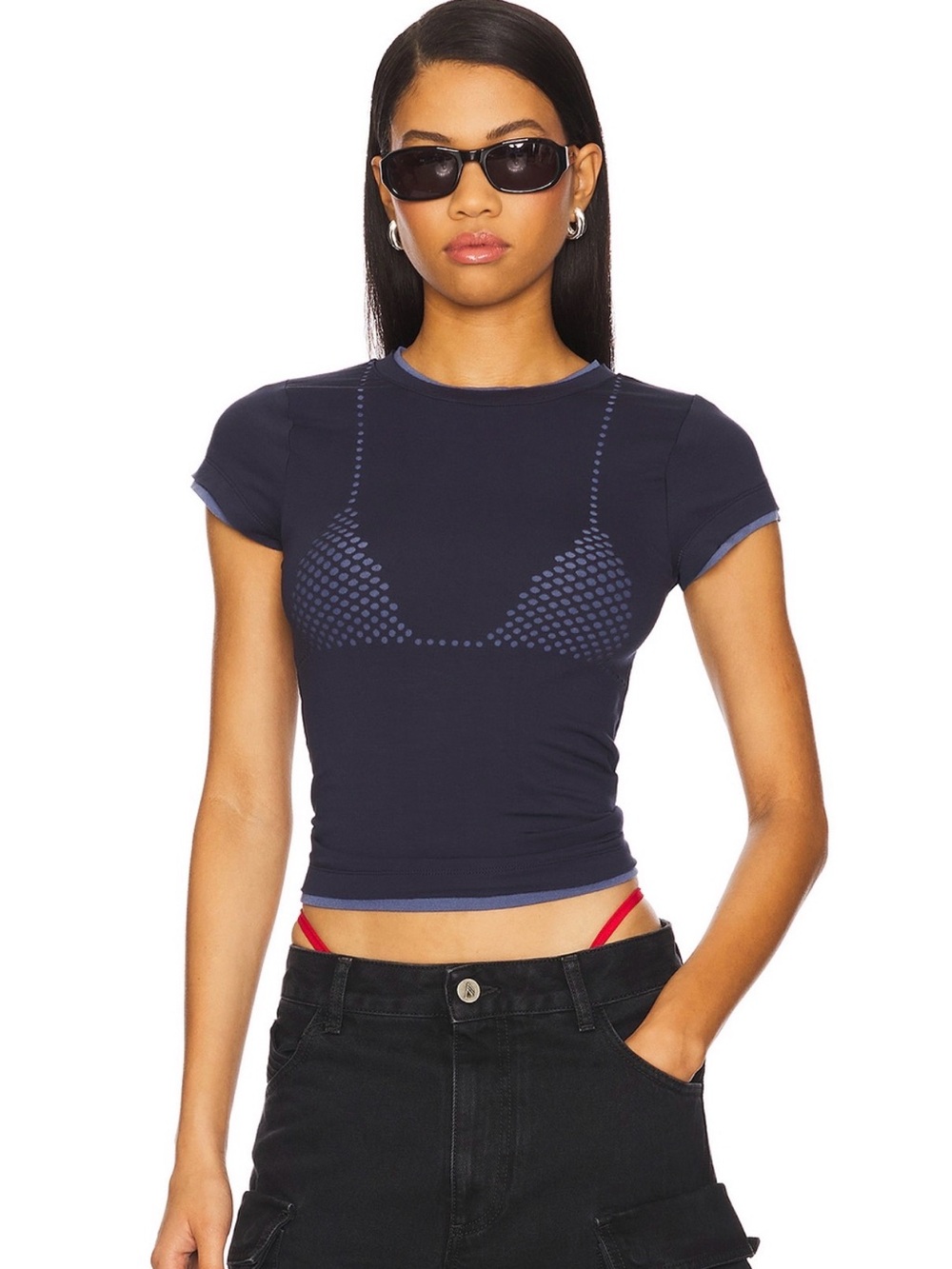 Jaded London Navy Short Sleeve Crop Top with Contrast Trim